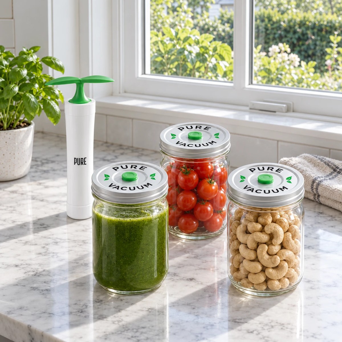 The compact MVP hand pump next to sealed mason jars on a marble counter