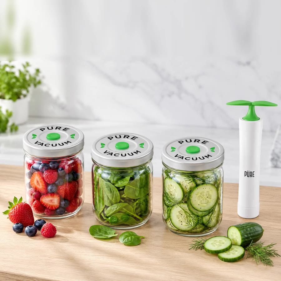 Berries and greens in vacuum-sealed wide-mouth mason jars