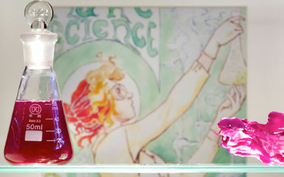 Purple juice in a laboratory flask in front of a vintage science poster