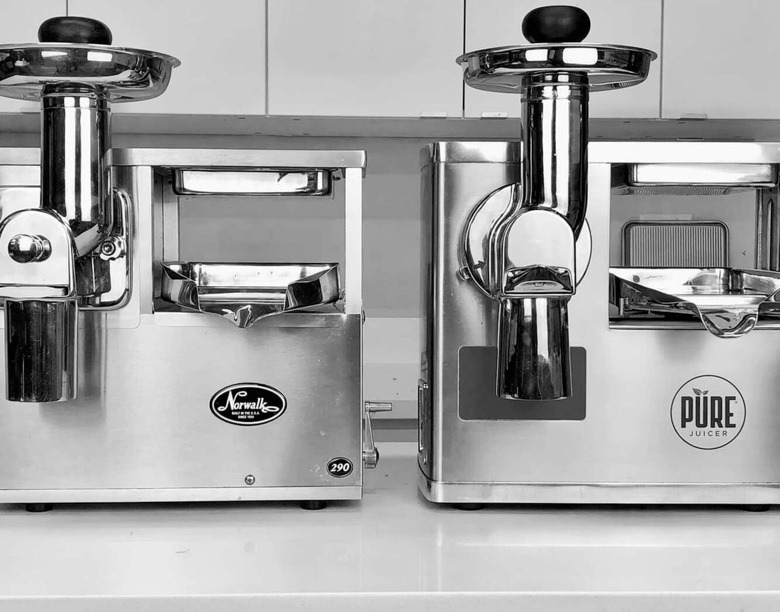 Norwalk Juicer 290 (left) and PURE Juicer (right) side by side
