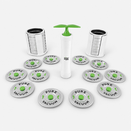 Pump, Organizer, Stainless Vacuum Lids, 6pc or 12pc - Wide on a light gray studio background