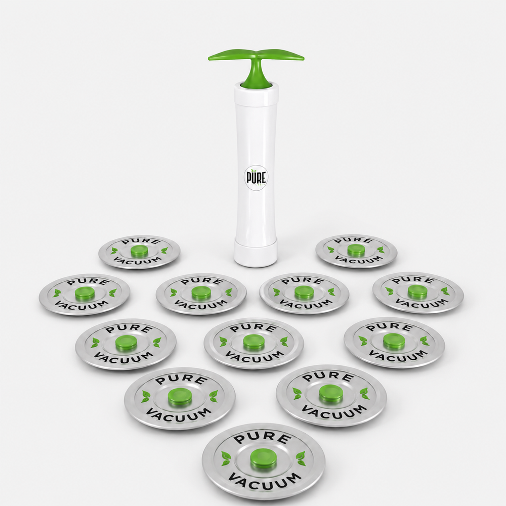 PURE MVP pump with twelve reusable stainless steel lids. Jars sold separately.