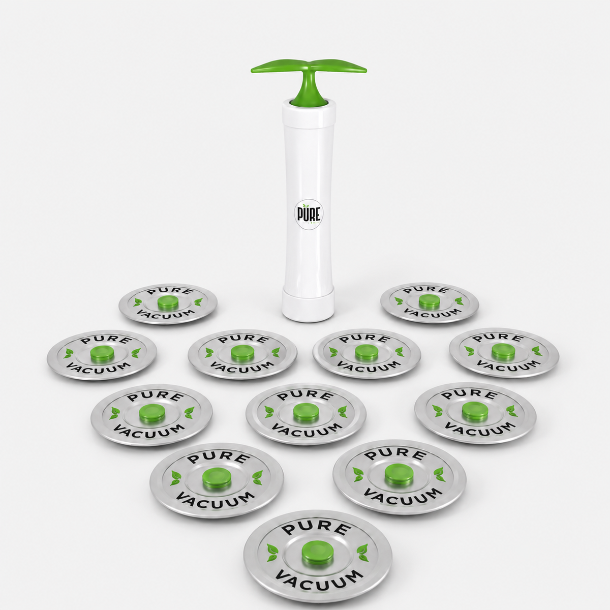 PURE MVP pump with twelve stainless steel vacuum lids with green valves