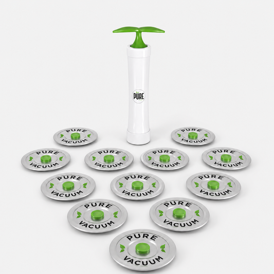 PURE MVP pump with twelve stainless steel vacuum lids with green valves