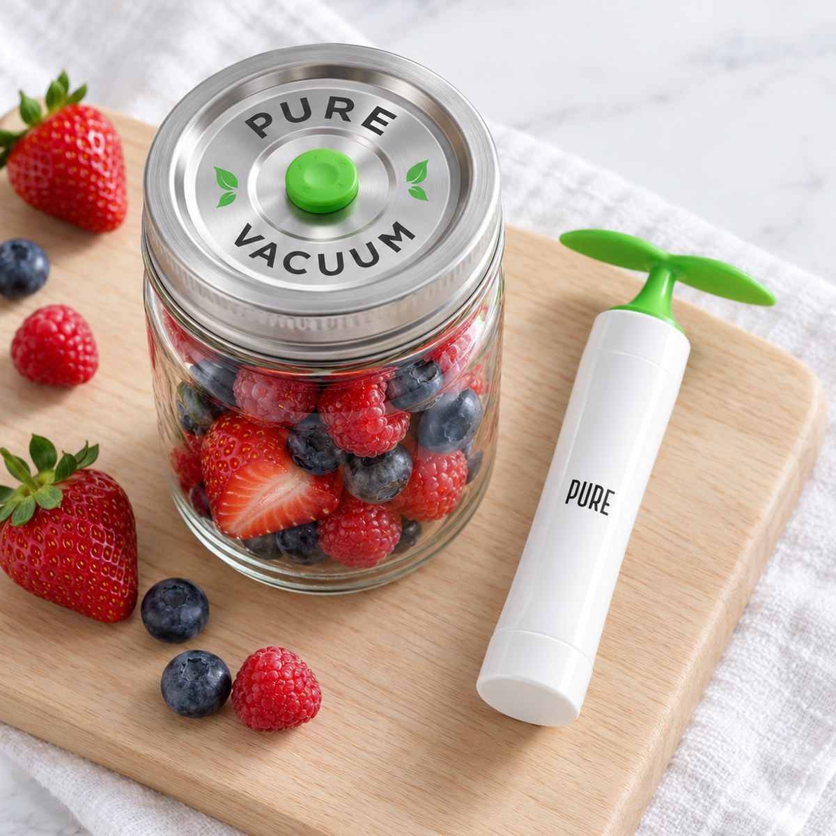 A PURE valved lid on a jar of berries with the MVP pump beside it