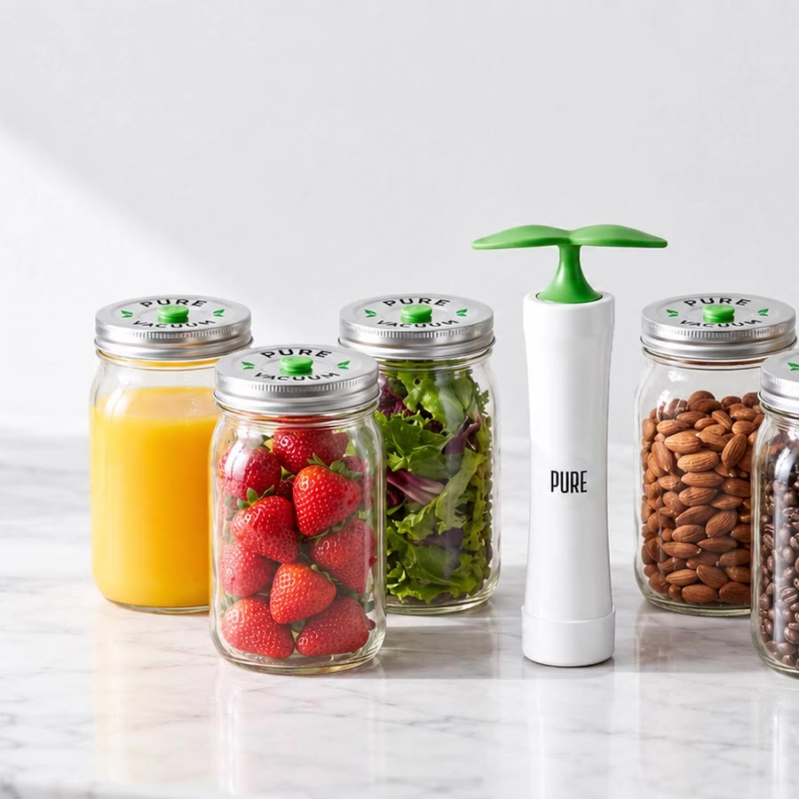 A bright kitchen counter with the PURE MVP pump and wide-mouth mason jars with stainless lids