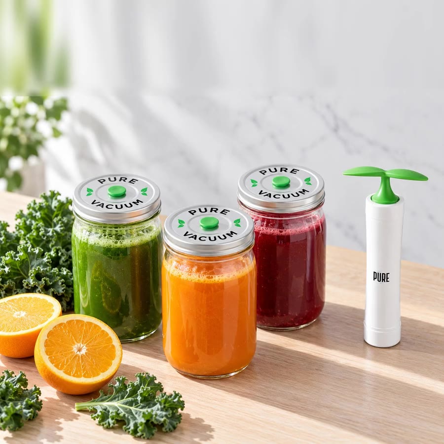 Fresh juice in wide-mouth mason jars sealed with PURE stainless lids