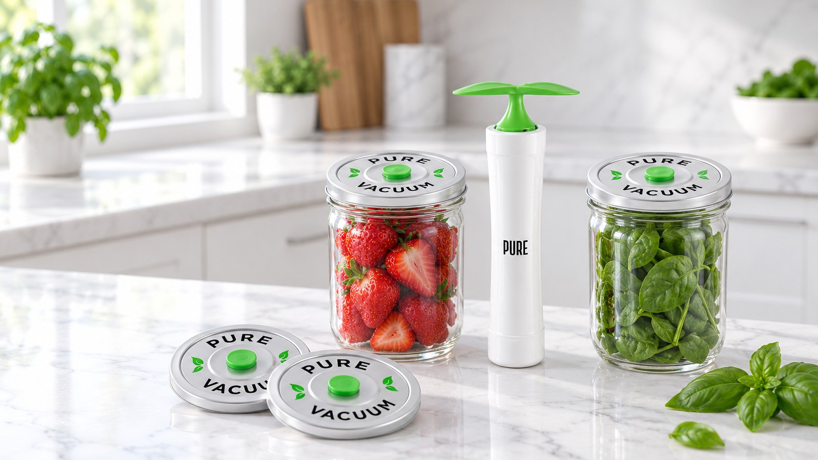 The PURE MVP pump with strawberries and spinach in vacuum-sealed mason jars