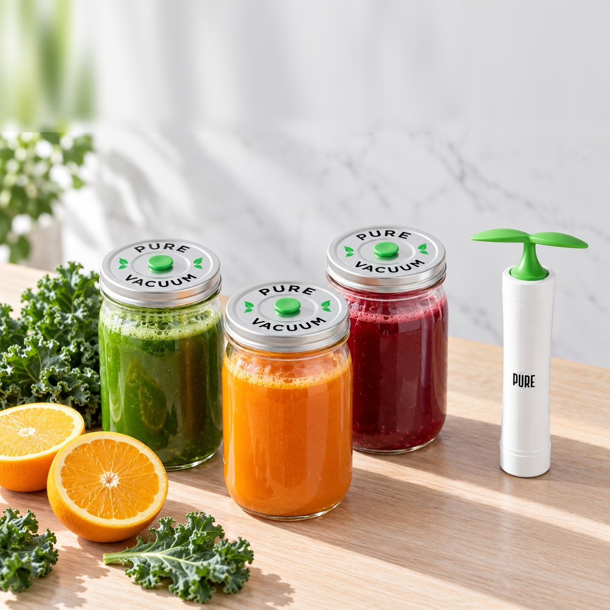 Fresh juice in wide-mouth mason jars sealed with PURE stainless lids
