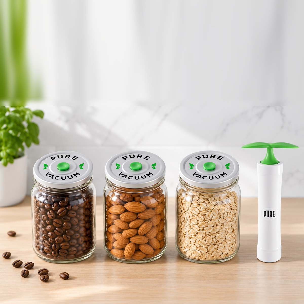 Coffee beans, nuts and grains in sealed mason jars