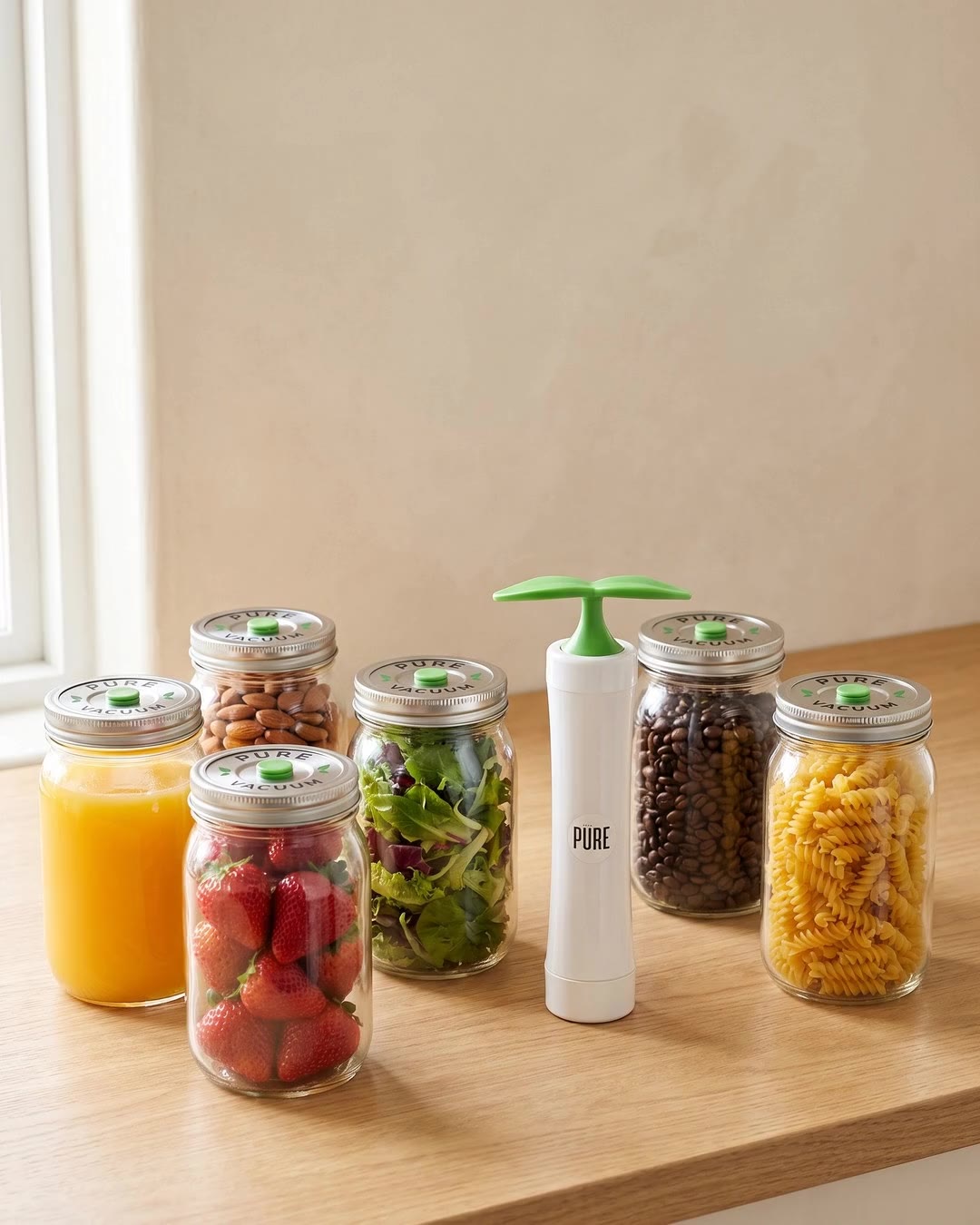 Wide-mouth mason jars of juice, berries, greens, nuts and pasta sealed with PURE stainless lids, with the MVP hand pump