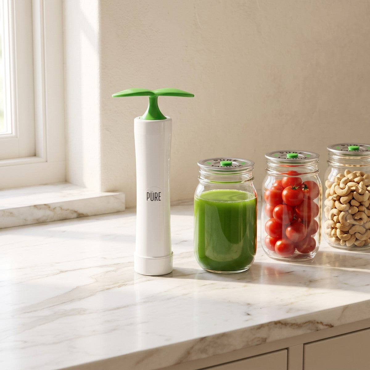 The compact MVP hand pump next to sealed mason jars on a marble counter