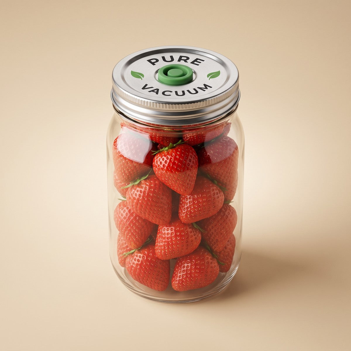 A wide-mouth jar of strawberries sealed with a PURE valved lid
