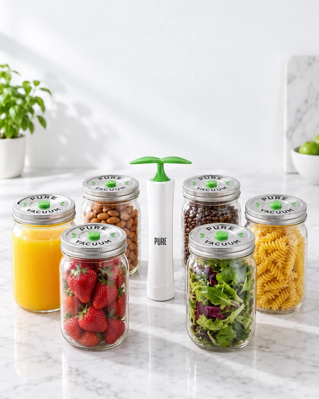 Wide-mouth mason jars of juice, berries, greens, nuts and pasta sealed with PURE stainless lids, with the MVP hand pump