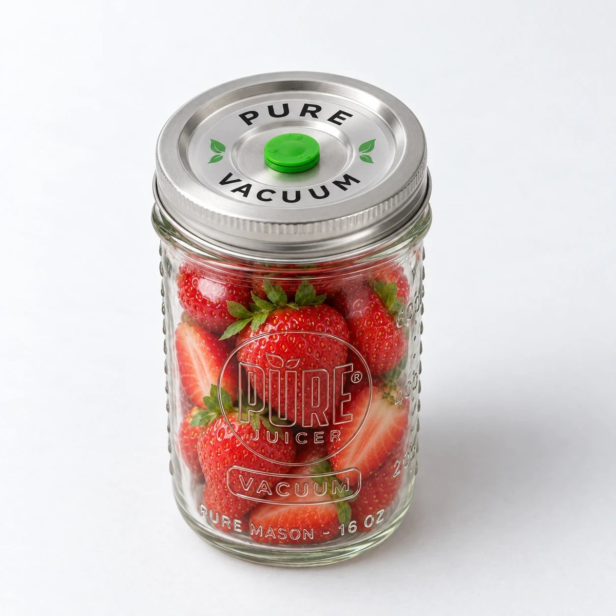 A wide-mouth jar of strawberries sealed with a PURE valved lid